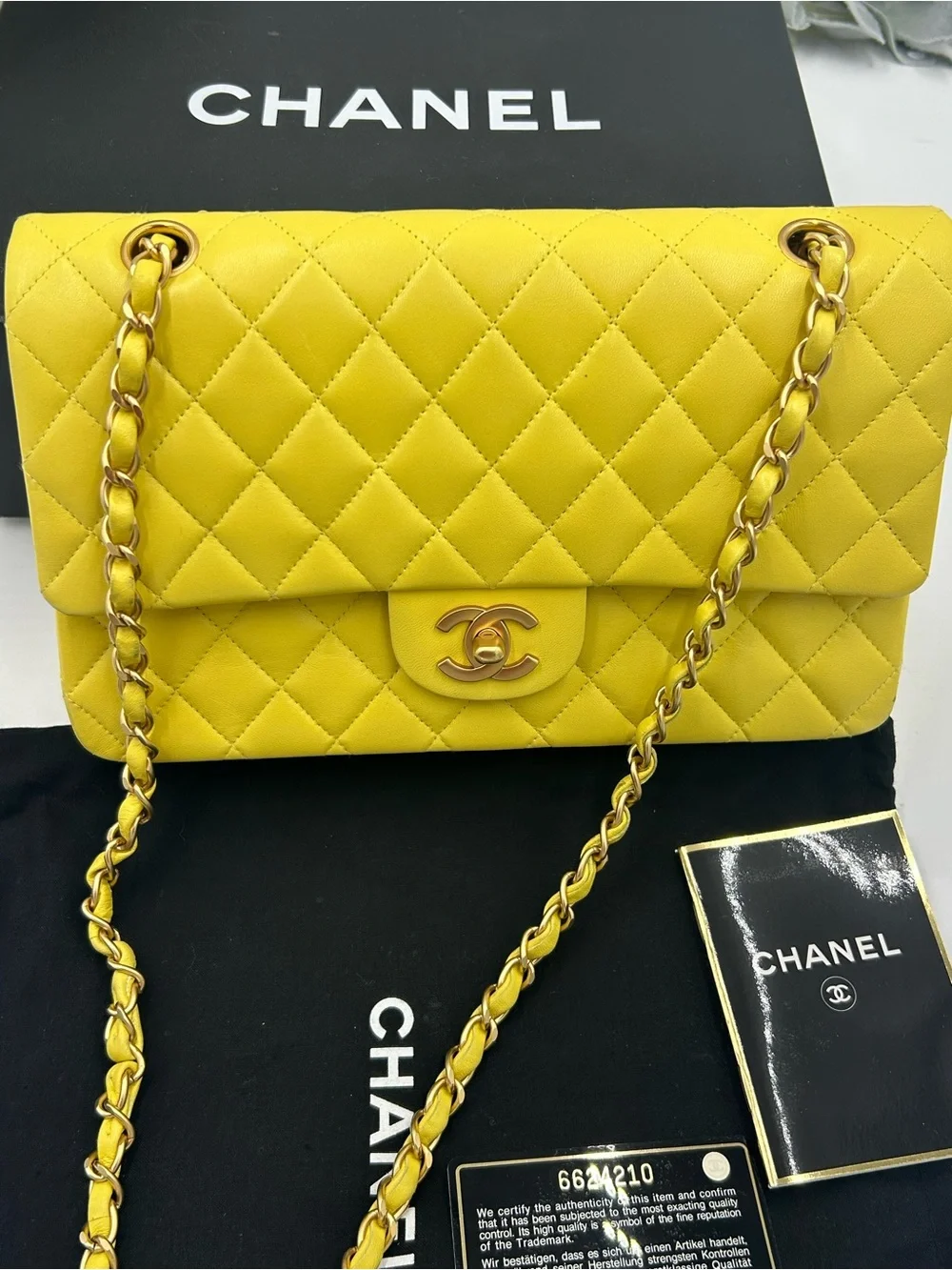 Women's Chanel Classic Quilted double Flap Bag in Yellow with Gold Hardware